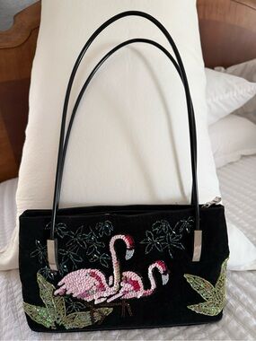 Black Velvet Flamingo Sequined Shoulder Bag